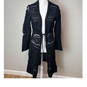 Anthropologie long black crotchet open cardigan with a single tie in front‎ xs